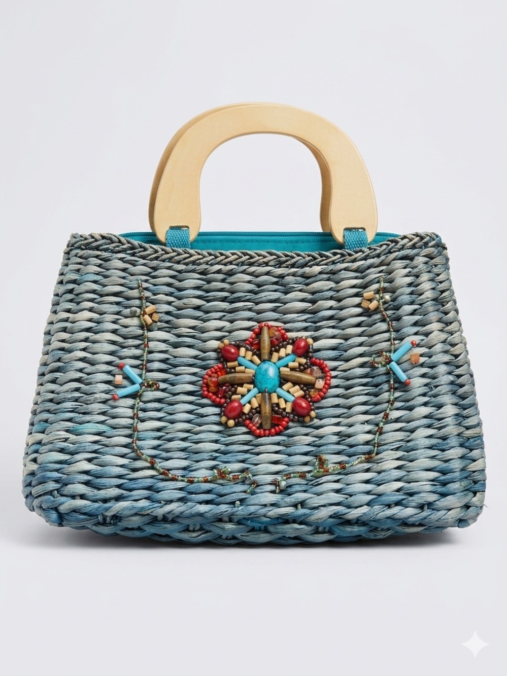 VTG! White Stag Beaded Boho Straw Beach Purse Bag Wood Handle Retro Y2K Blue